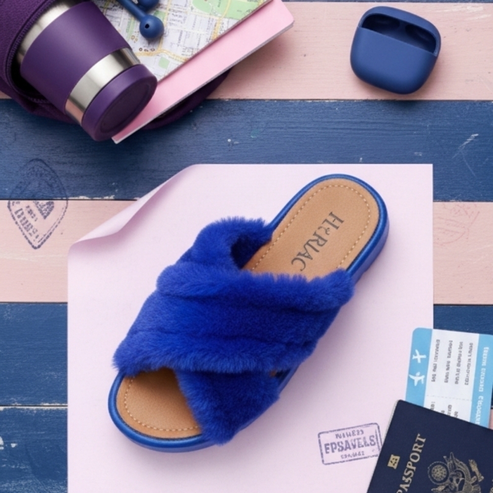 New Fur Slide Sandals Royal Blue Blush Low Wedge Size 7 and 8